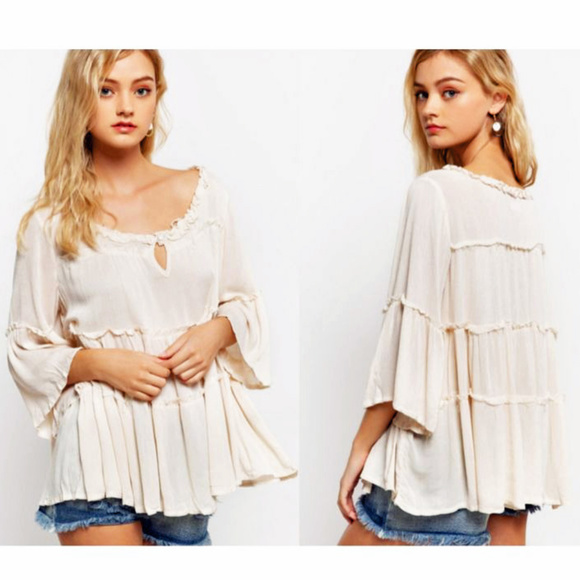 Viv's Boutique Tops - Bohemian Raw Hem Self Ruffle Flowy Bell Sleeve Top